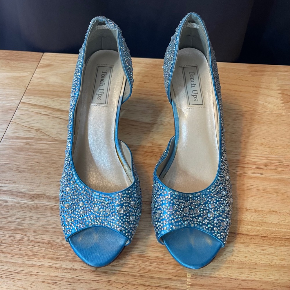Touch Ups Blue Satin Rhinestone Peep Toe d'Orsay Kitten Heels Womens 10.5M